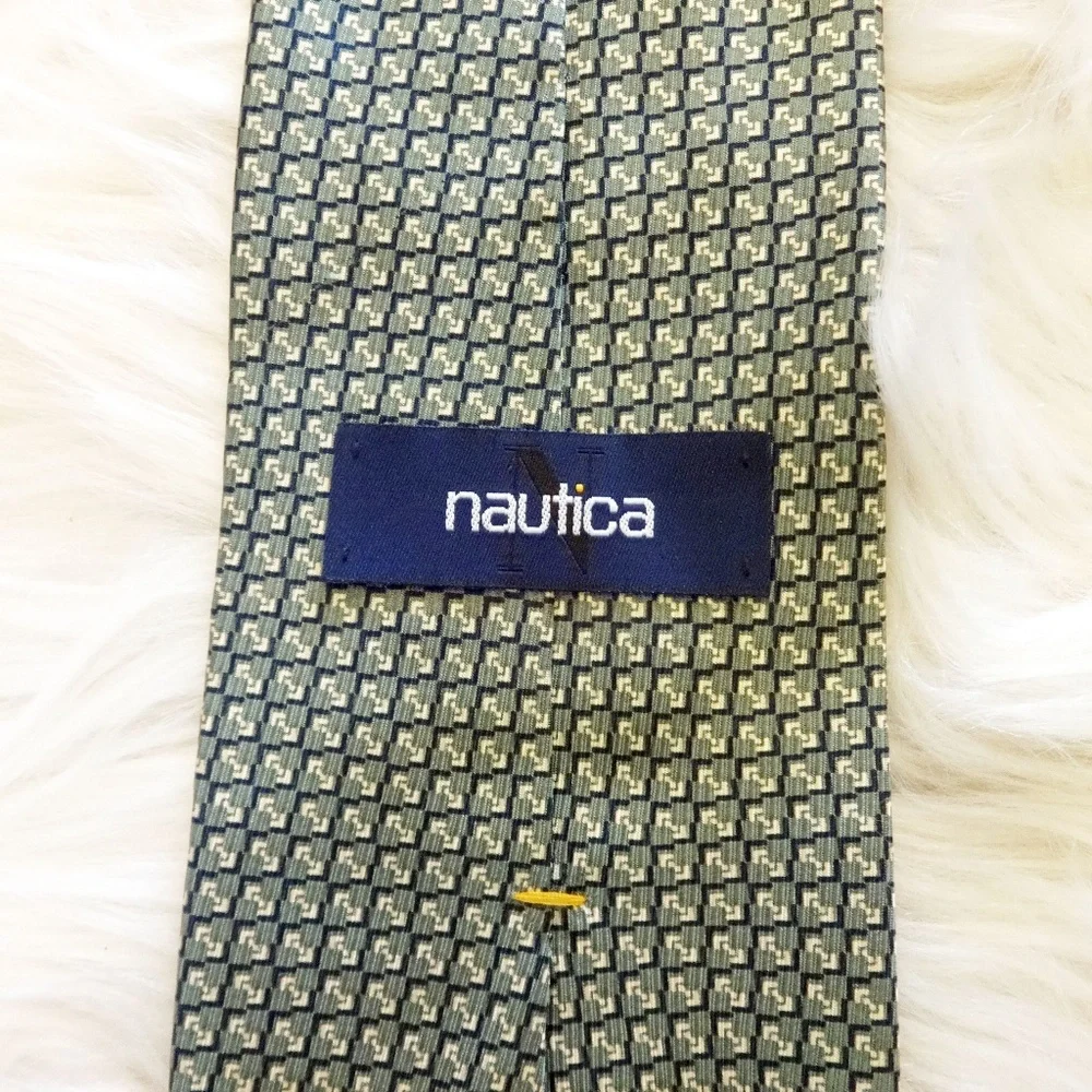Nautica Silk Tie Green & Blue Geometric Print